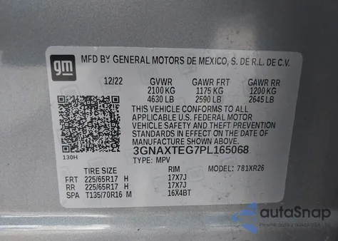 2023 Chevrolet Equinox Awd 2Fl из США, поврежденный, VIN 3GNAXTEG7PL165068